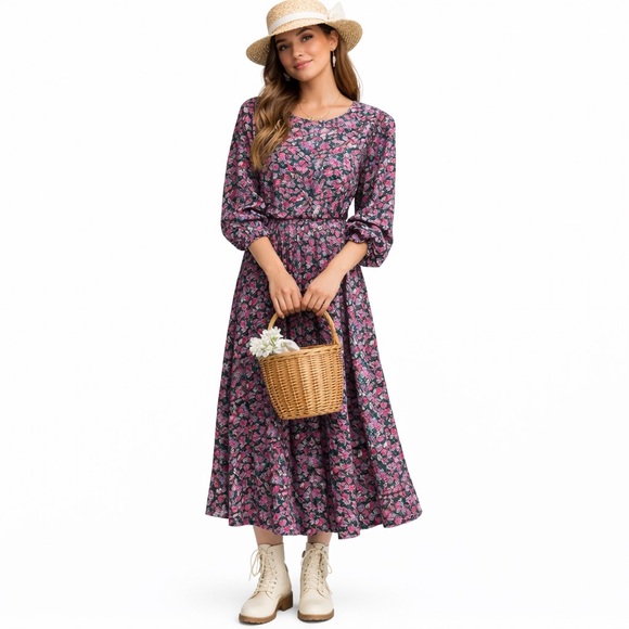 Vintage Dresses & Skirts - E.D. Michaels Vintage Floral Midi Dress Romantic Cottagecore Prairie Retro